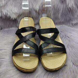 Crocs A-Leigh Cork Wedge Sandals Leather Straps Comfy Beach Size 8 Black